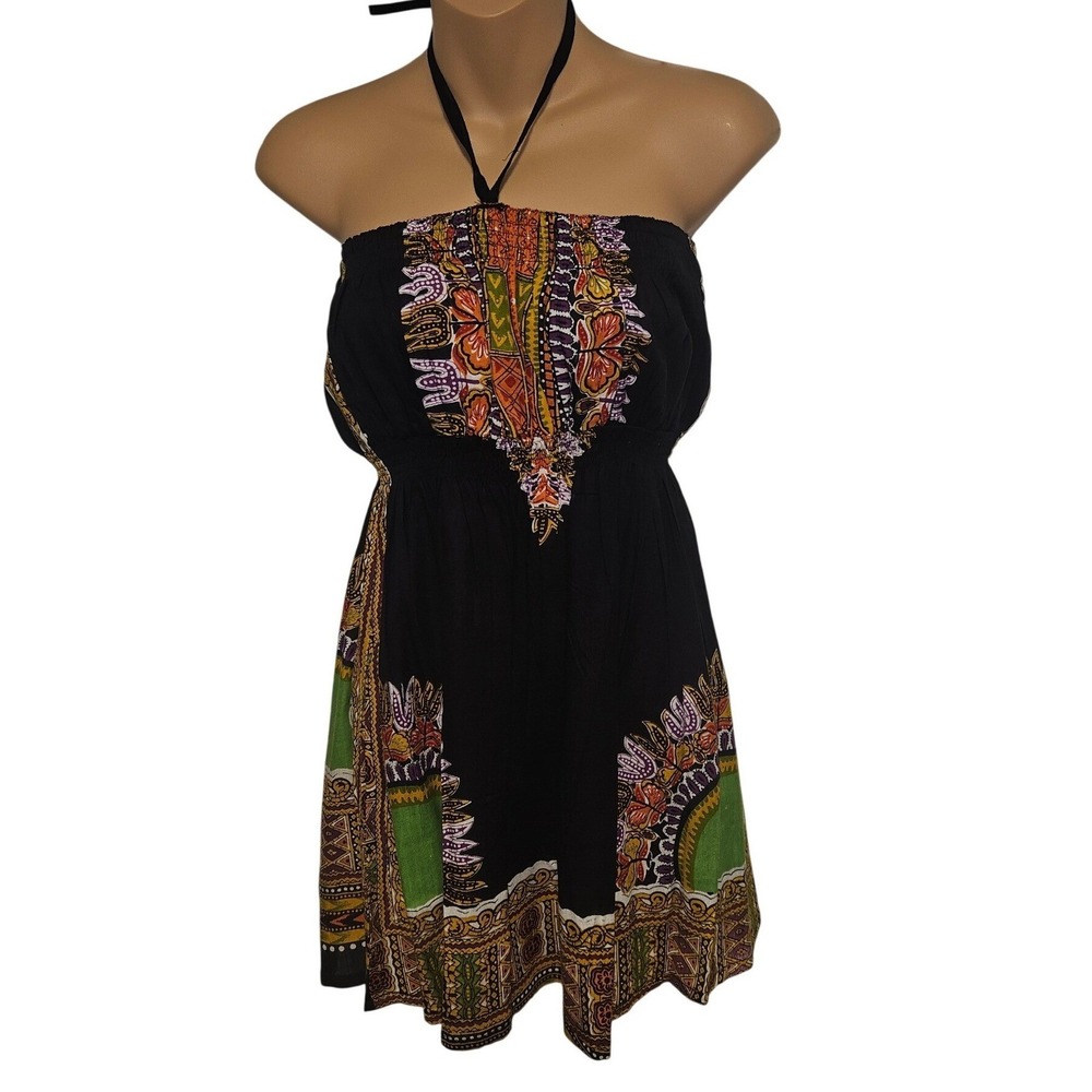 Funky People Black Halter Mini Dress with Green and Orange Tribal Print